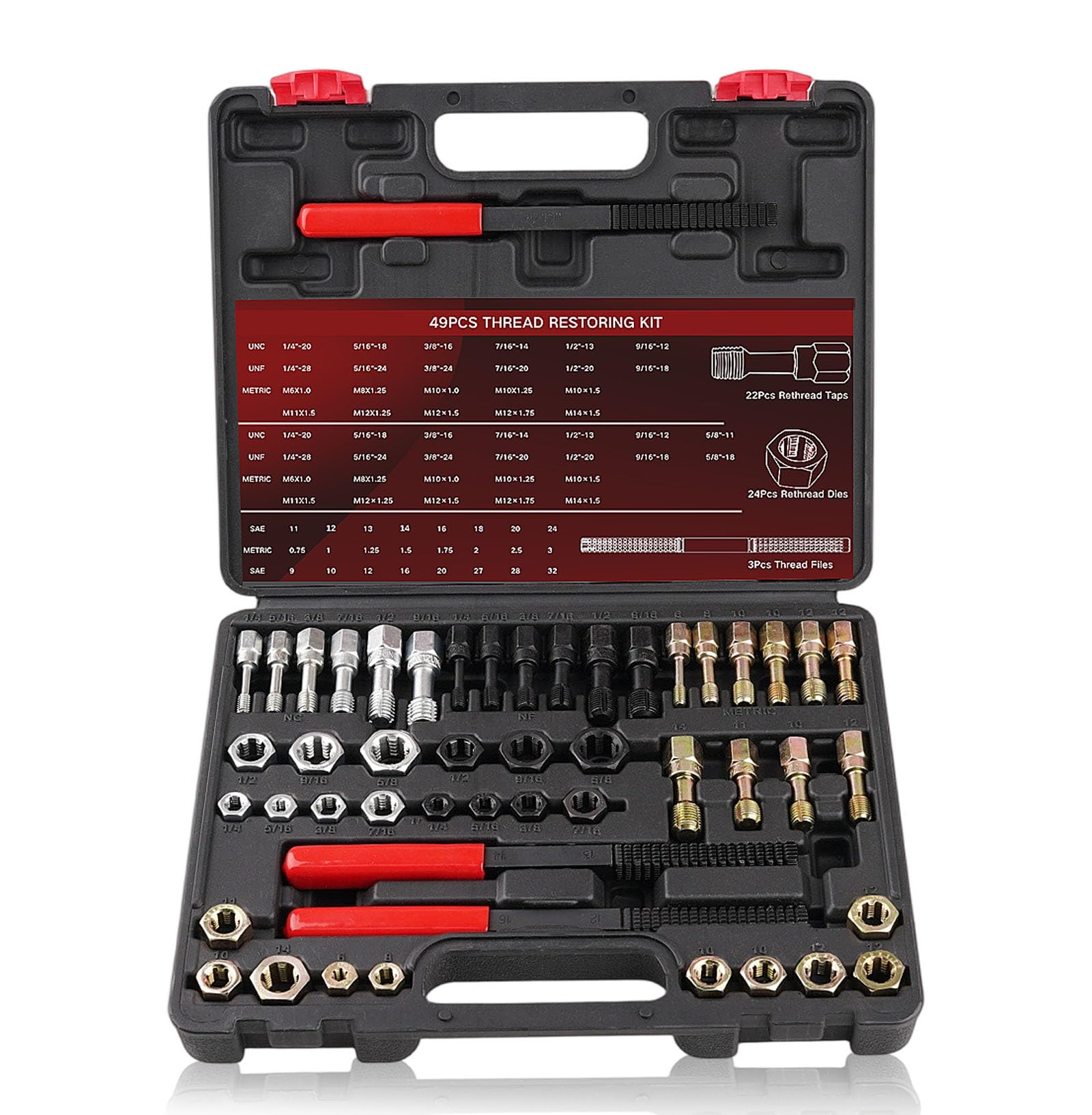 49PCS Thread Chaser and Repair Kit with 22 Taps 24 Dies 3 Files for UNC UNF Metric Bolts