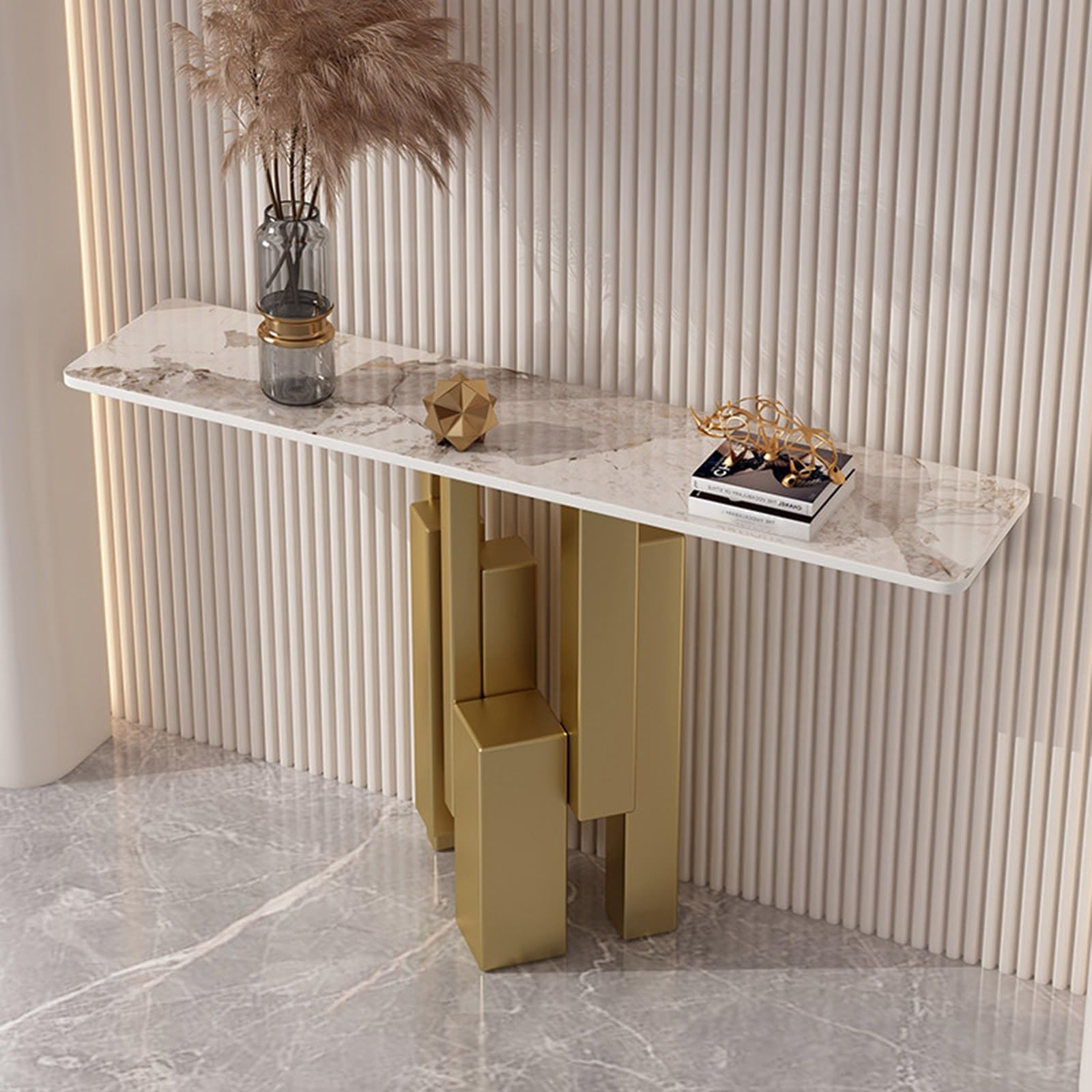 MESCXTY Sintered Stone Console Table, Decorative Entryway Sofa Table with Staggered Column Metal Frame Contemporary,Creative Alloy Leg,for Living Room, Hallway, Foyer(Brown+Gold,59in)