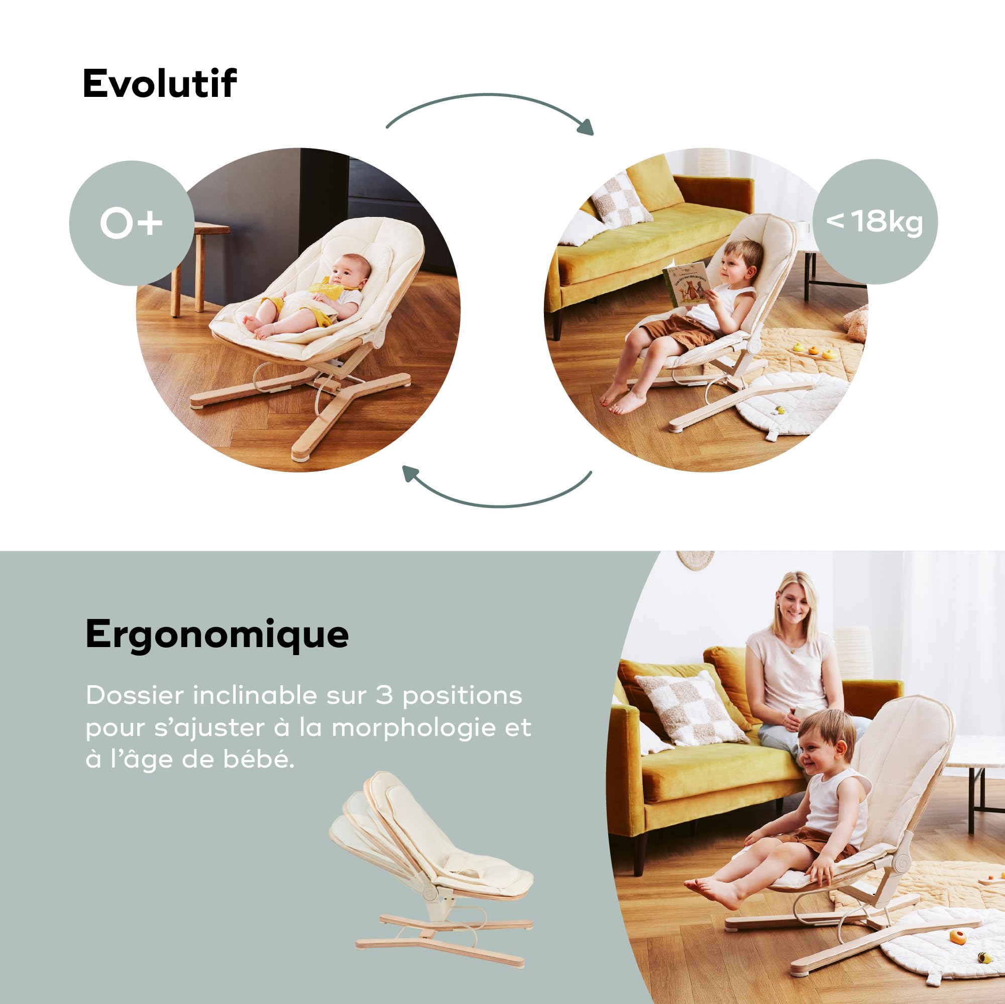 Babymoov Transat Bébé Bois Swoon Flow - Dès la Naissance - Évolutif en Fauteuil Enfant Jusqu'à 18kg - Balancement Naturel - 3 Positions Dossier - Coton Bio & Bois FSC