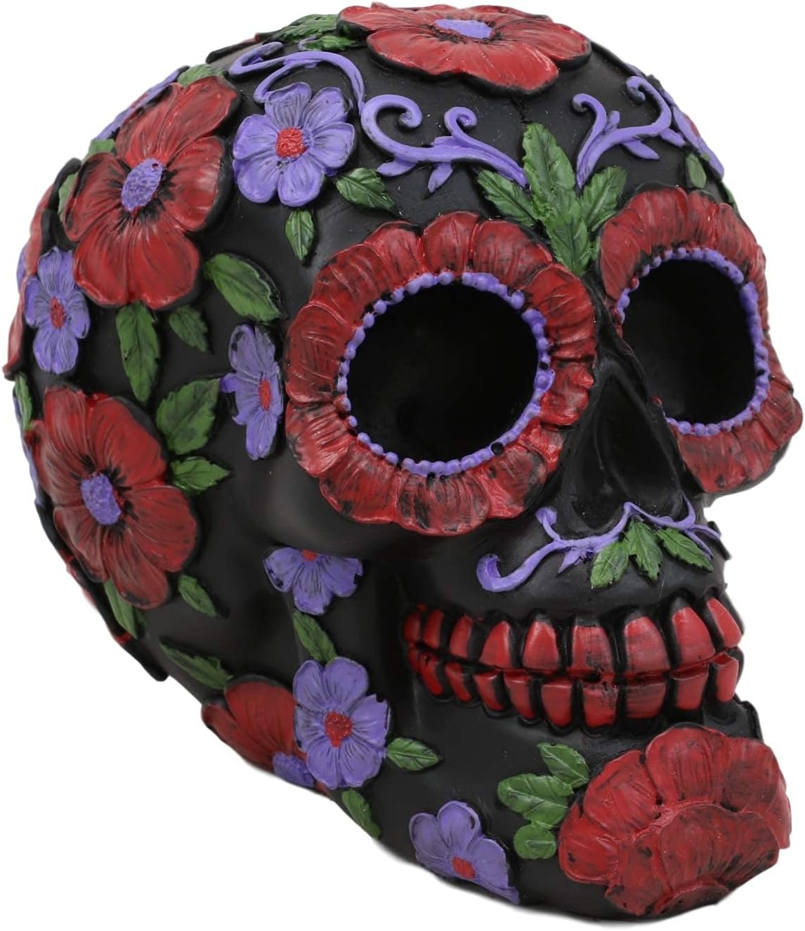 Ebros Black Day of The Dead Floral Blooms Sugar Skull Figurine DOD Skulls Statue 6" Long As Halloween Ossuary Macabre Decor Collectible (Spring Colorful Metallic Yellow Blue and Pink Flowers)