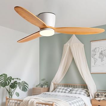 Modern Wooden Ceiling Fan Energy Efficient Ceiling Fans With Lights Remote Control 6 Speeds, DC Motor Low Profile Ceiling Fan Light Flush Mount For Indoor Bedroom Living Room Kitchen