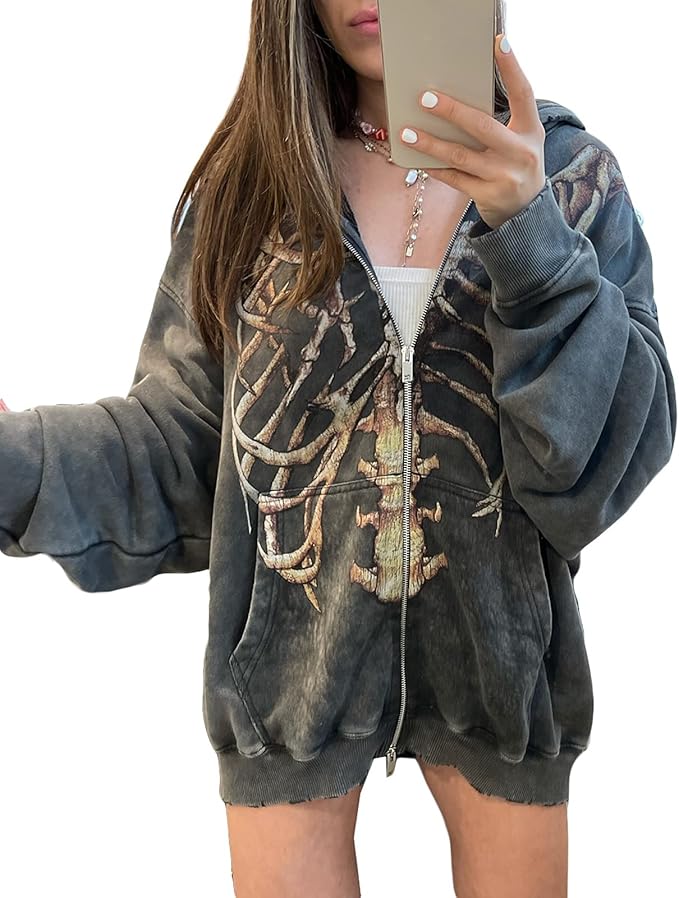 Women's Graphic Y2k Zip Up Hoodies Oversized Long Sleeve Hooded