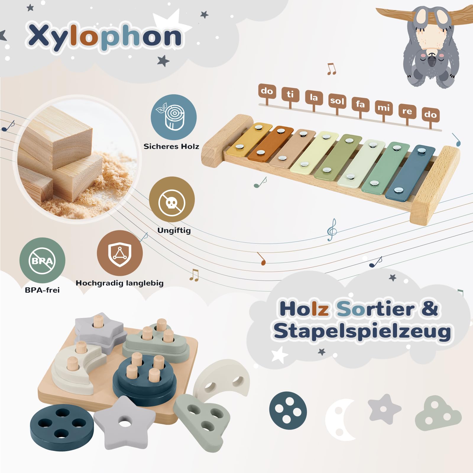 Baby Spielzeug ab 6 Monate,5 in 1 Montessori Spielzeug Baby,Motorikspielzeug mit Formensortier- und Stapelspielzeug,Xylophon,Silikon Zugschnur Spielzeug,Stapelbecher,Geschenk Junge Mädchen