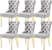 Vista 15 de KCC Juego de 6 sillas de comedor de terciopelo, silla de comedor tapizada de alta gama con respaldo acolchado, anillo de tracción de cabeza de Beige