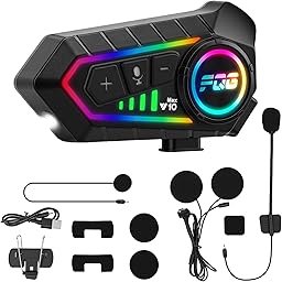 HISUEKIG 6.0 Motorcycle Helmet Speakers, Super Long Battery Life, Motorbike Helmet Bluetooth Headset with Soft/Hard Mic,IP56 Automatic Answer/Intelligent Noise/RGB LED Light