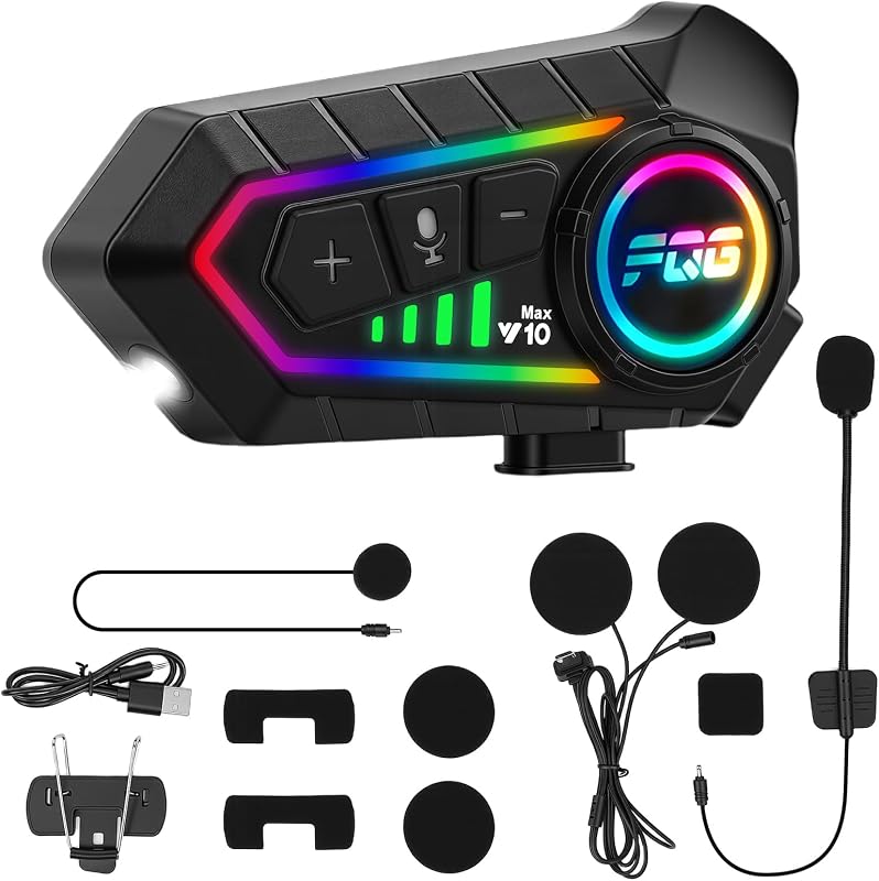 HISUEKIG 6.0 Motorcycle Helmet Speakers, Super Long Battery Life, Motorbike Helmet Bluetooth Headset with Soft/Hard Mic,IP56 Automatic Answer/Intelligent Noise/RGB LED Light
