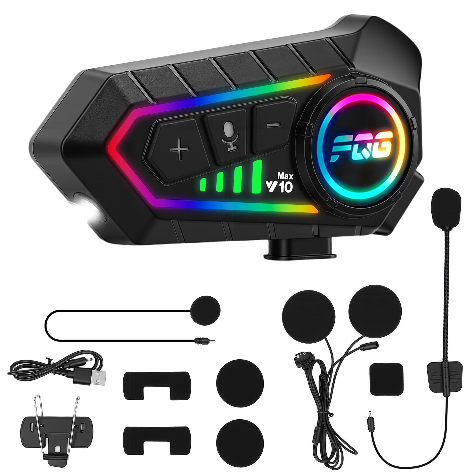 HISUEKIG 6.0 Motorcycle Helmet Speakers, Super Long Battery Life, Motorbike Helmet Bluetooth Headset with Soft/Hard Mic,IP56 Automatic Answer/Intelligent Noise/RGB LED Light - 1