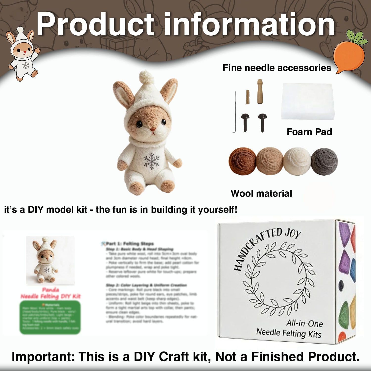 DIY Needle Felting Kit Christmas Santa Bunny – Needle Felting Starter Kit with Fiber Roving, Needles, Felting Pad & Instructions | Felted Animal Kit for Beginners Adults Holiday DIY Craft Gift