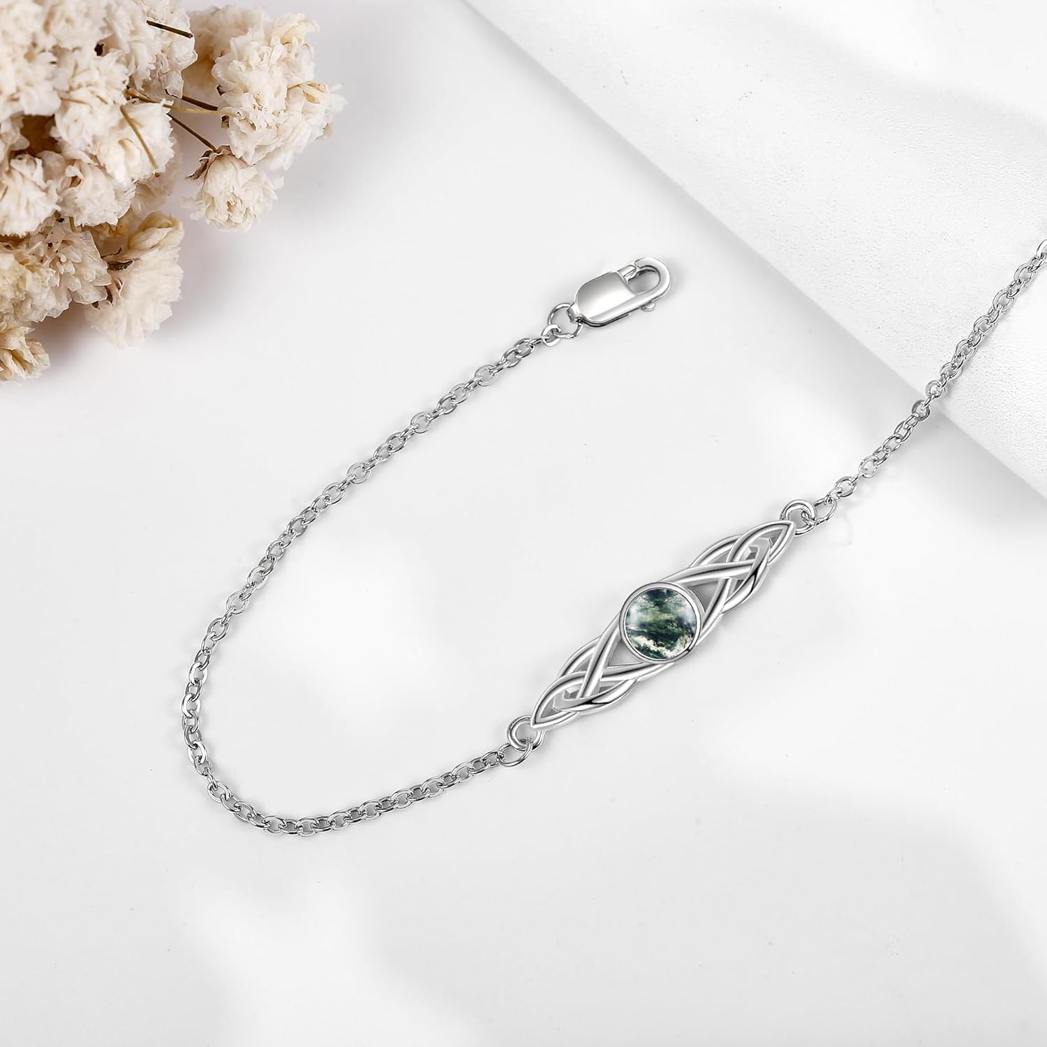 VONALA 925 Sterling Silver Celtic Bracelets for Women Irish Turquoise Moss Agate Rose Quartz Moonstone Bracelet Knot Viking Gemstone Mustard Seed Jewelry - Image 5