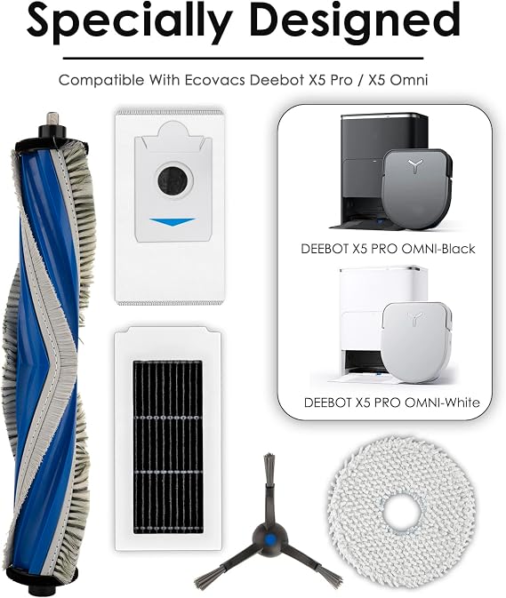 (20 Pack) X5 Pro Omni Replacement Parts for ECOVACS DEEBOT X5 Omni/ X5 Pro Omni Robot Vacuum Cleaner, 1 Roller Brush, 4 Side Brushes, 7 Dust Bags, 4 HEPA Filters, 4 Mop Pads, Accessories Kit