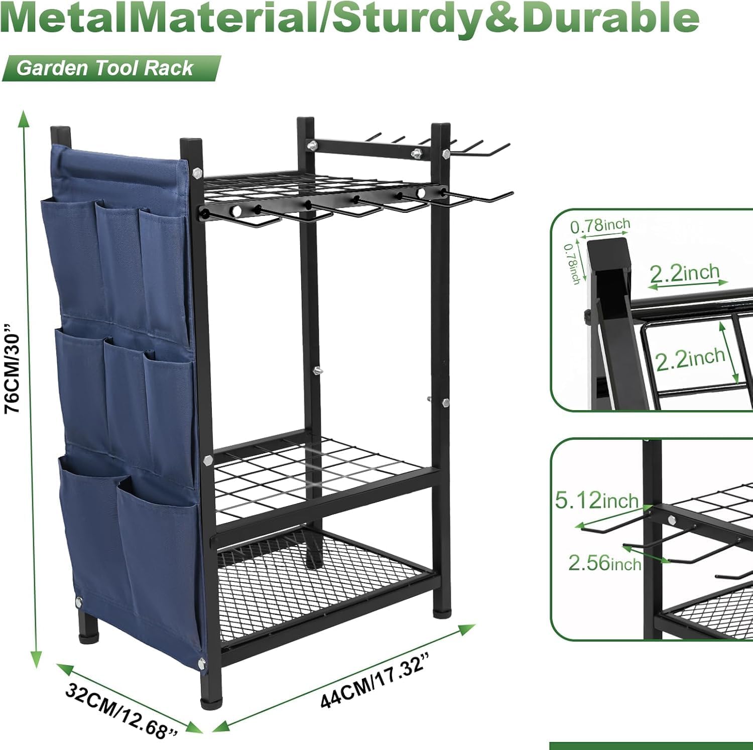 Garden Tool Rack Freestanding, Heavy Duty Garden Tool Organizer, 3-tier Tool Rack, Multifunctional Yard Tool Storage with Hooks and Storage pockets for Outdoor Long-Handled Broom Shovel Rake