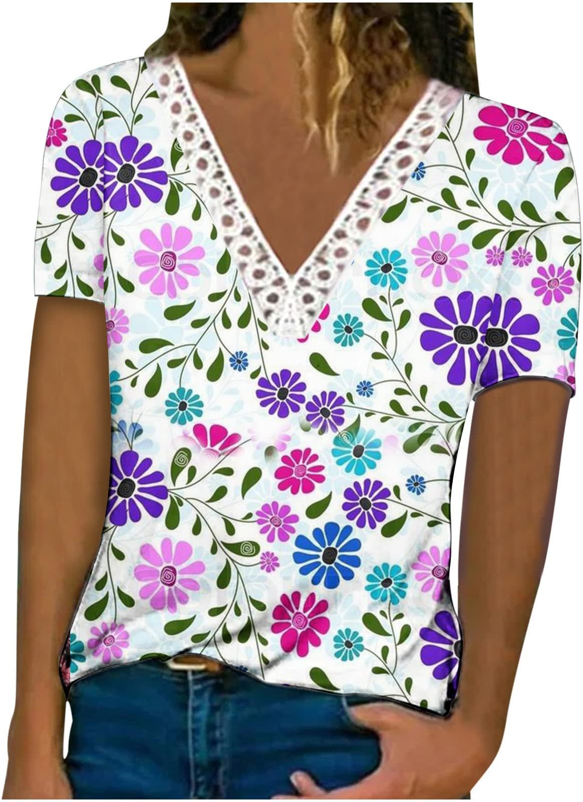 Floral Printed Tops for Women Summer Crochet Lace Trim V Neck Short Sleeve T Shirts Casual Loose Pullover Tee Shirts