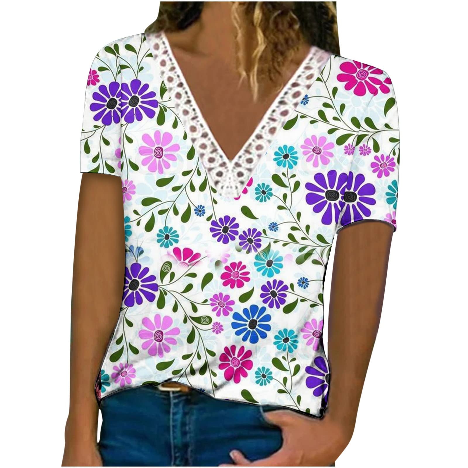Floral Printed Tops for Women Summer Crochet Lace Trim V Neck Short Sleeve T Shirts Casual Loose Pullover Tee Shirts