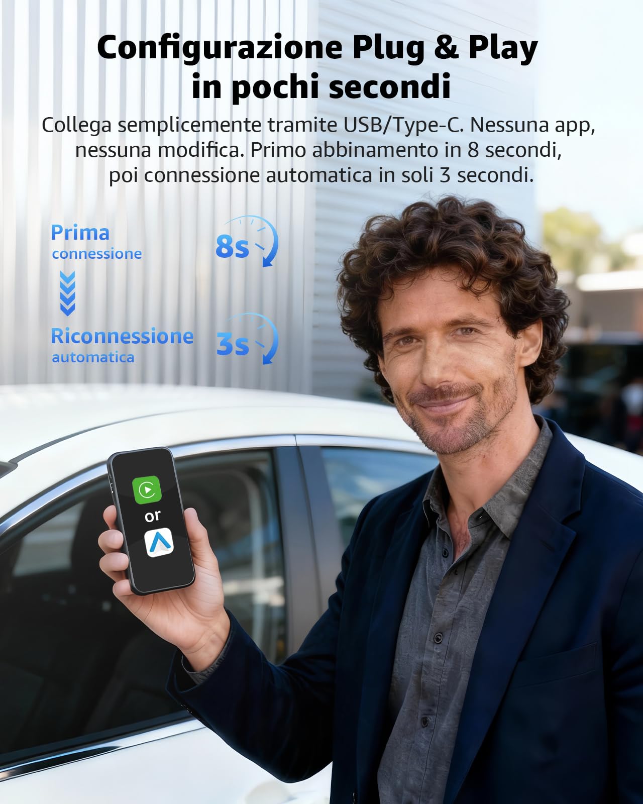 Adattatore Wireless CarPlay e Android Auto, USB-C e USB-A Plug & Play, Convertitore da Cablato a Wireless, WiFi 2.4G/5G, Connessione Automatica, per iPhone iOS 10+ e Android 11+, Auto dal 2016, Nero