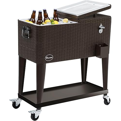 YITAHOME 80 Quart Patio Cooler Cart with Bottle Opener Drainage, Portable Rolling Beverage Cart for Pool Deck Party Cookouts