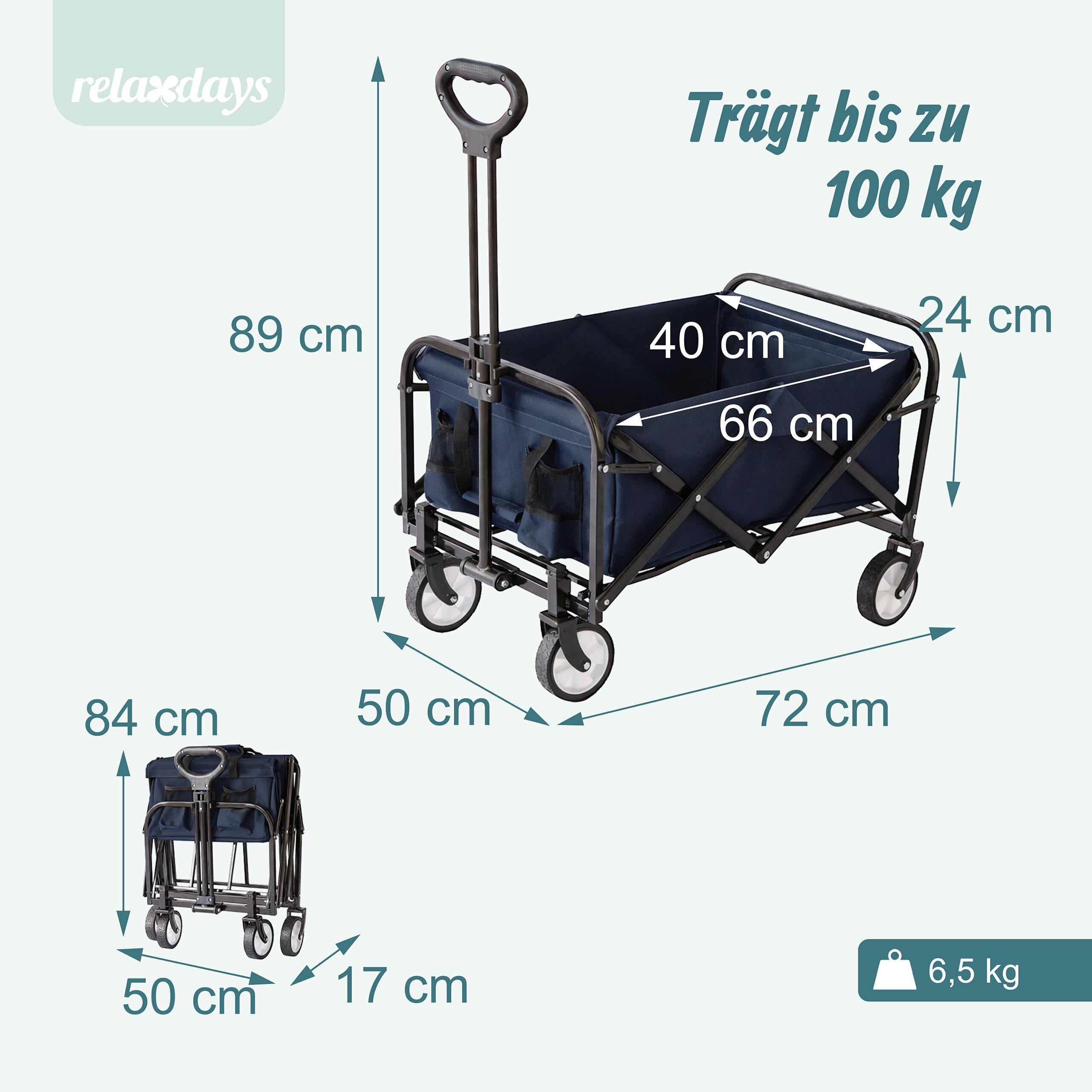 Relaxdays Bollerwagen, faltbar, 100 kg, Teleskopgriff, Oxford-Gewebe, Transportwagen für Einkauf, Camping & Strand, blau
