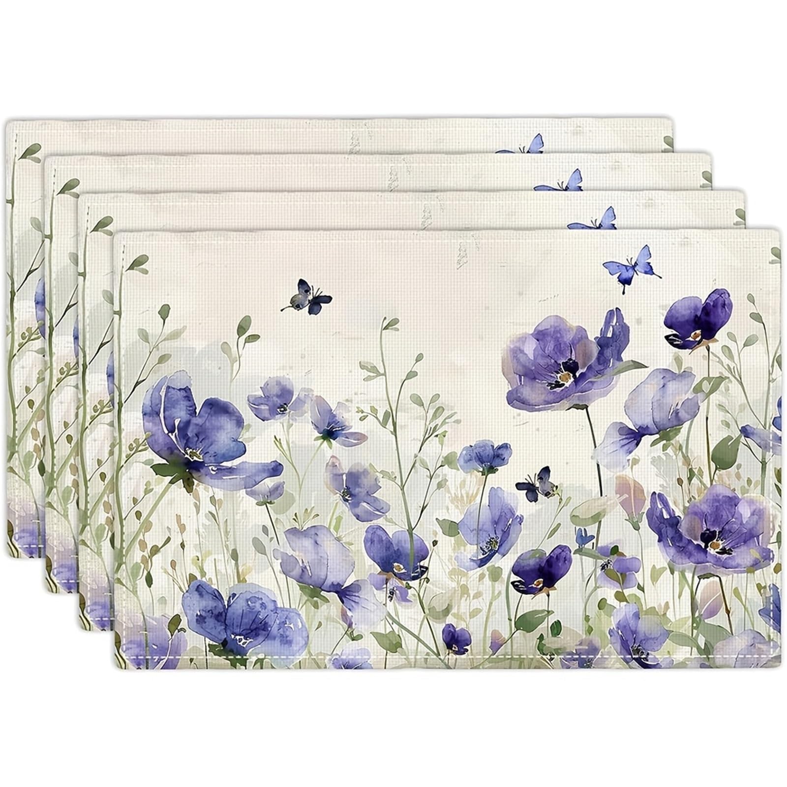 4pcs Farmhouse Flowers Placemats Butterfly Lavender Floral Plants Flower Leaves Rustic Waterproof Washable Tabl