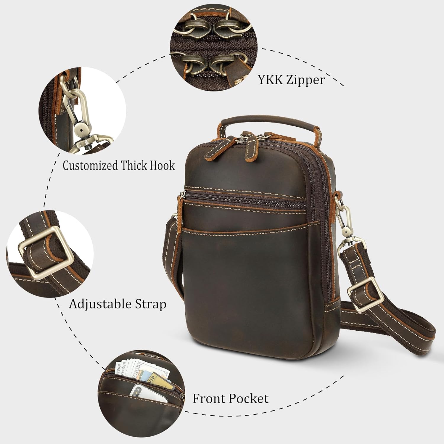 Polare Full Grain Italian Leather Carry Gun Pouch CCW Sling Bag Small Crossbody Handgun Bag Fanny Pack Pistol Case Waist Belt Firearm Bag with Holster