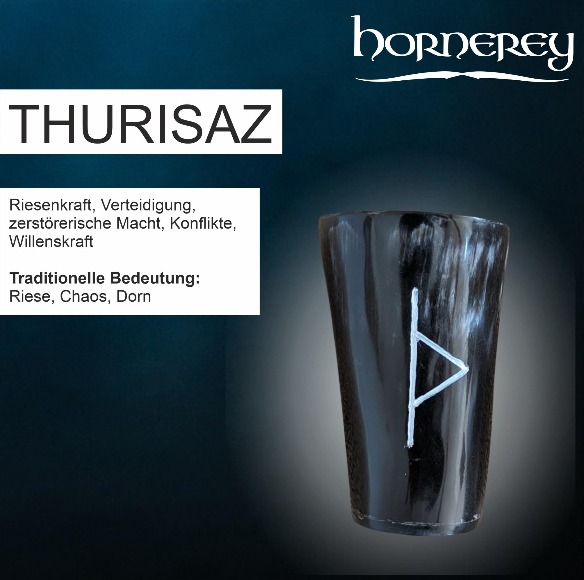 Hornbecher Runen - Gravierter Becher aus Horn - Trinkhorn für Wikinger Met - Mittelalter Trinkbecher mit Runen-Gravur (Thurisaz)
