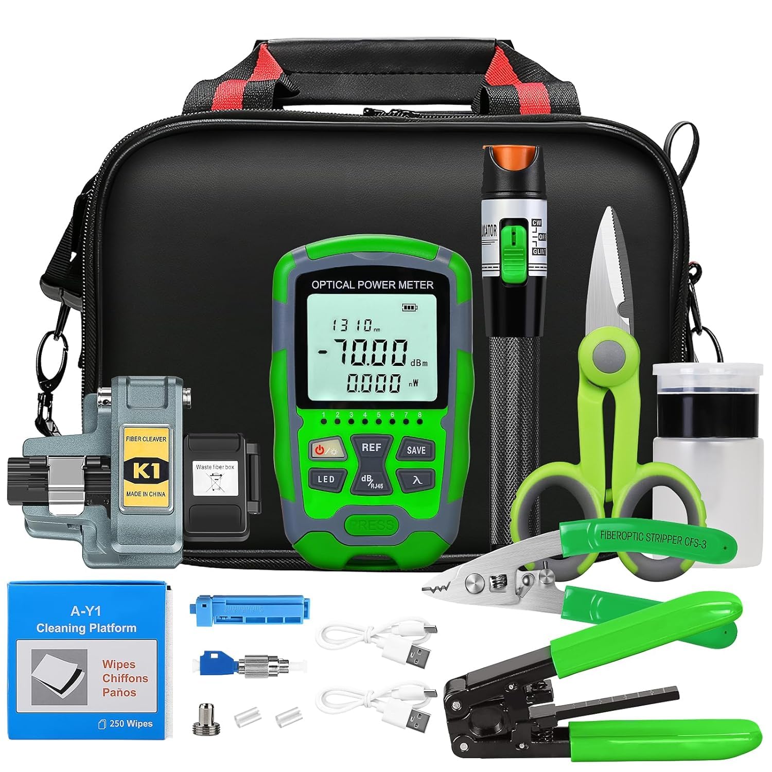 Fiber Optic Termination Tool Kit 14-in-1 Equipped Rechargeable Optical Power Meter A-MC7 (-70 - +10 dBm) & VFL, Fiber Cleaver K1 and Wire Stripping Pliers, FTTH Hot melt/Cold Connection Tool Kit