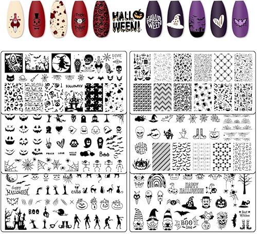 Miniatura 7 de Hying - Juego de 6 placas de estampado de uñas de Halloween para mujer, diseño de uñas, de acero inoxidable, diseño de calavera Jack-o'-Lantern,