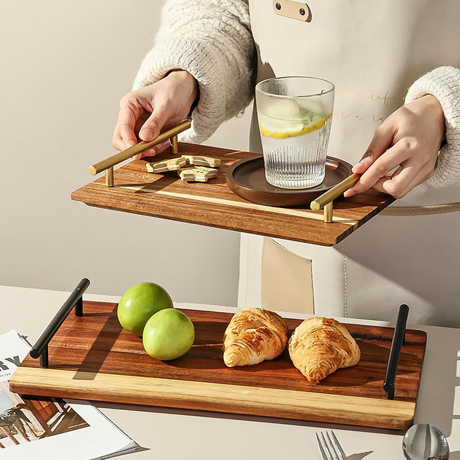 Household creative personality Ear handle exquisite solid color wooden pallet-gold handle-small rectangle