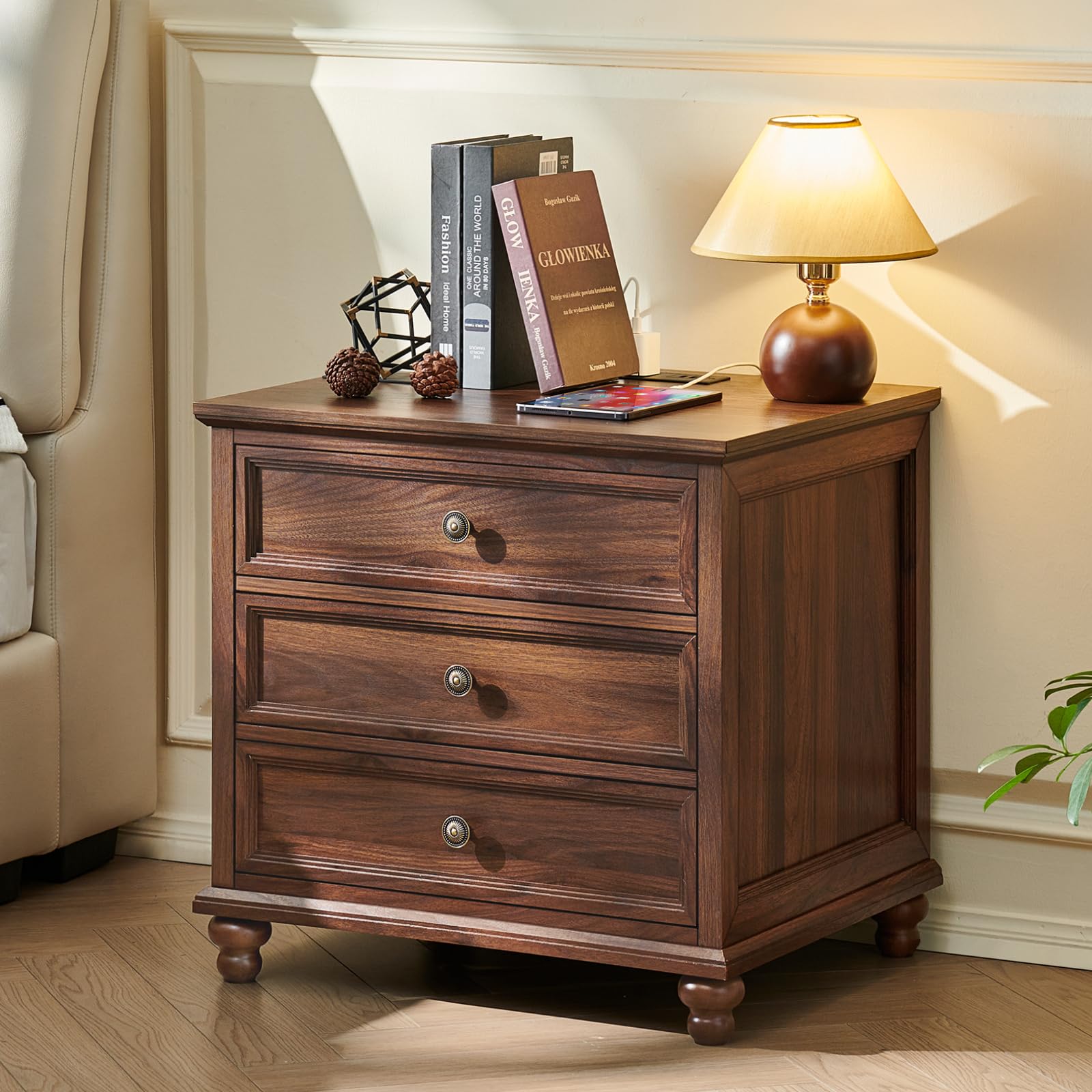 Joaxswe Farmhouse Nightstand with Charging Station, 24" Wide End Table with 3 Drawers,Wood Dresser Cabinet for Bedroom, Bed Side Table Chest of Drawers,Night Stand for Living Room, Closet,Brown