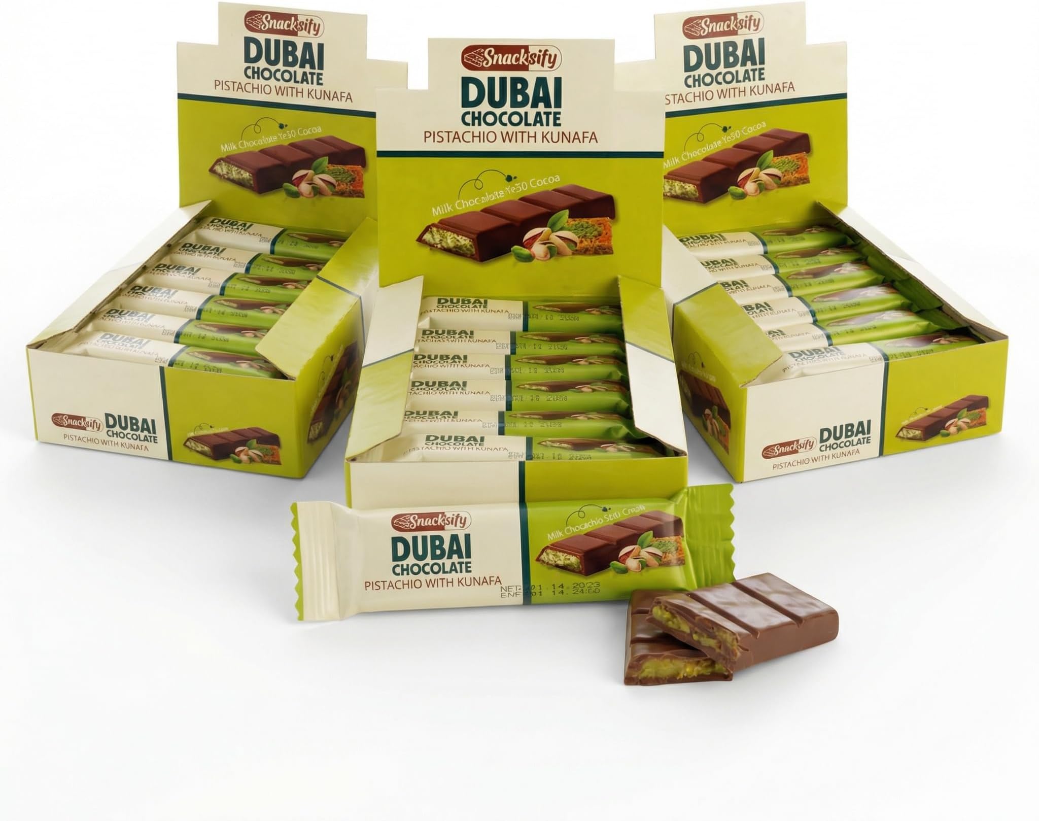 Dubai Chocolate Bar (Pack of 72) Kunafa Pistachio Bar- 27gr Total 1.43 pounds.-, Perfect for Gifting, Fresh Daily Production 72 Pieces Dubai Chocolate with Shredded Phyllo Dough Gift for Festival Celebration, Birthday, Family, Friends & Corporate Office 68.4 ounces