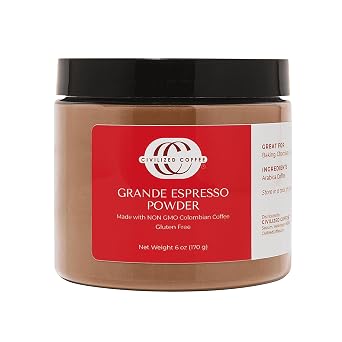 Civilized Coffee Grande Espresso Powder for Baking & Desserts, 6 oz | 100% Colombian Coffee, Rich Espresso Flavor, Fine Powder, Dissolves Instantly, Smoothies & Recipes