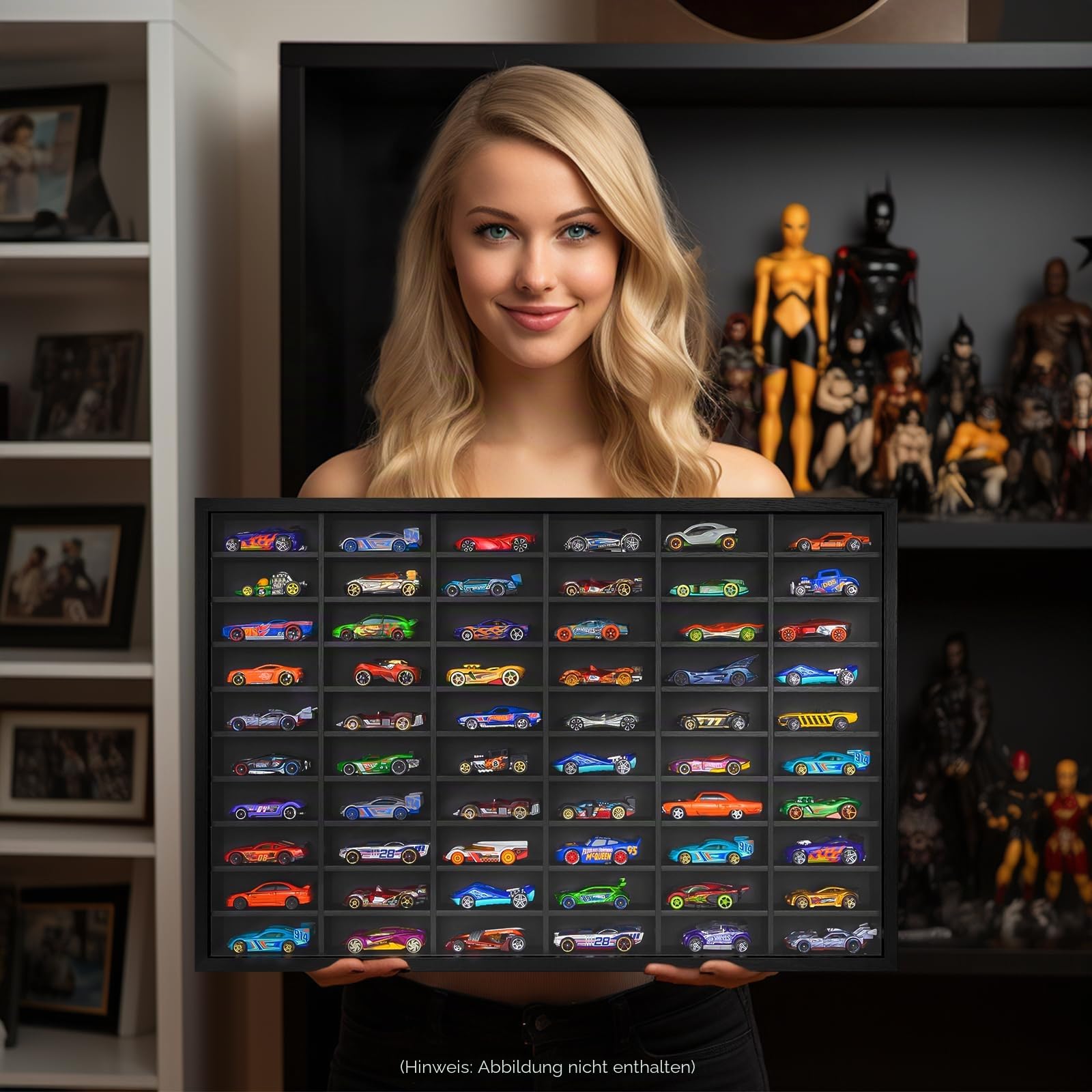 Modellauto-Sammler-Vitrine, Maßstab 1:64, Druckguss, Streichholzschachtel-Räder, 60-Fach-Auto-Display mit schwarzem, staubdichten Holzrahmen, 41,3 x 61,2 x 5 cm