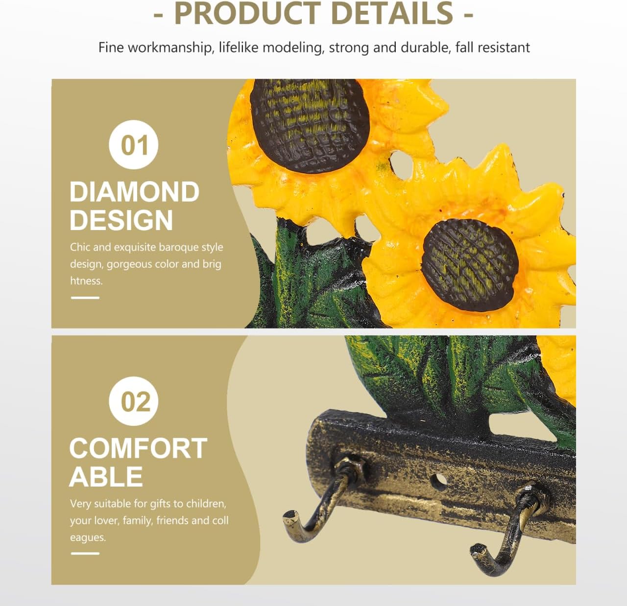 ULTECHNOVO Vintage Sunflower Wrought Iron Wall Hook 4.5"x4.5" .3" Vintage Wall Hooks, Key & Mask Organizer, Nail-Mounted Entryway Rack for Coats, Keys, Décor