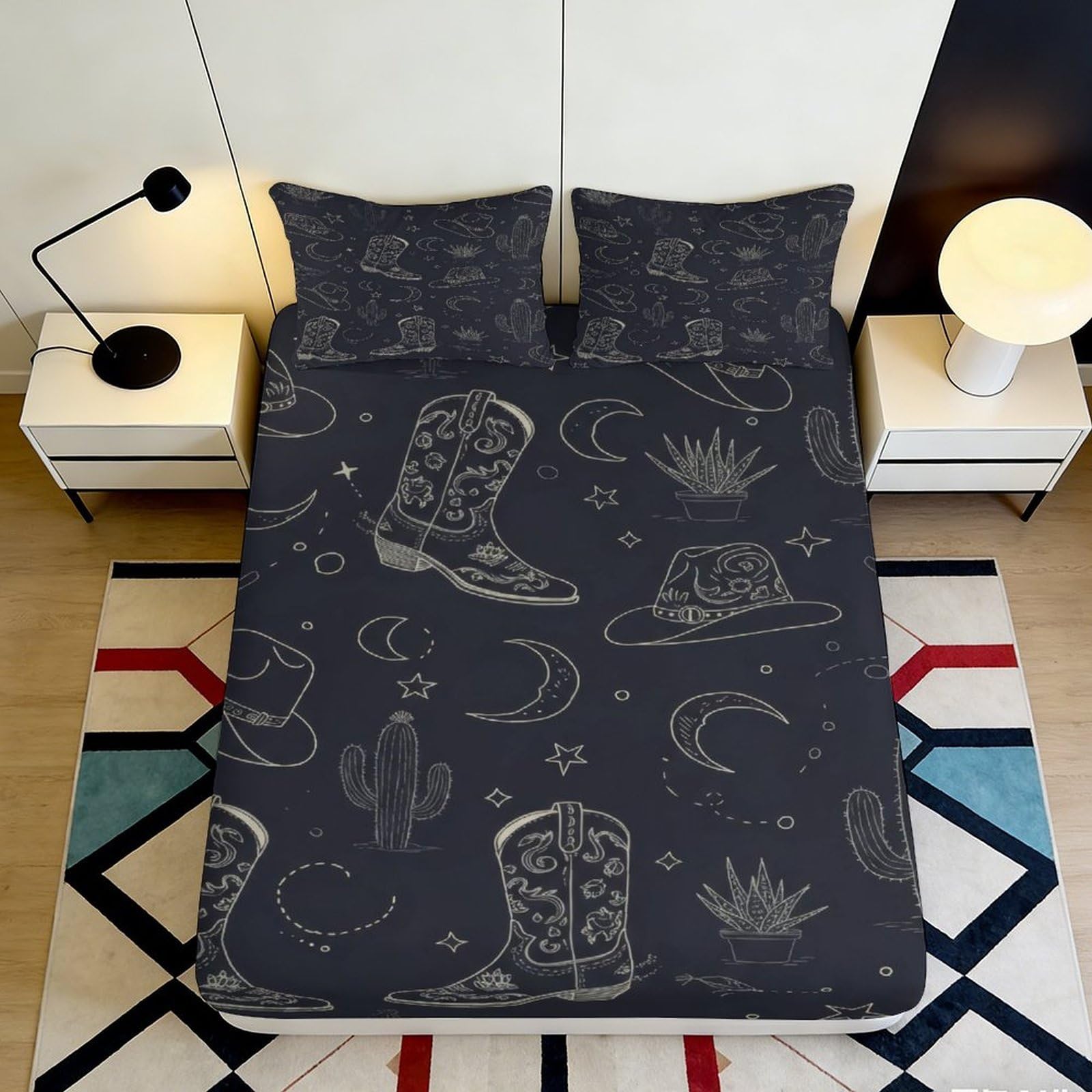 3D Printed Western Cowboy Fitted Sheet Microfiber Black Moon Cactus Bed Cover for Bedroom Guest Room Protection 90x200x25cm