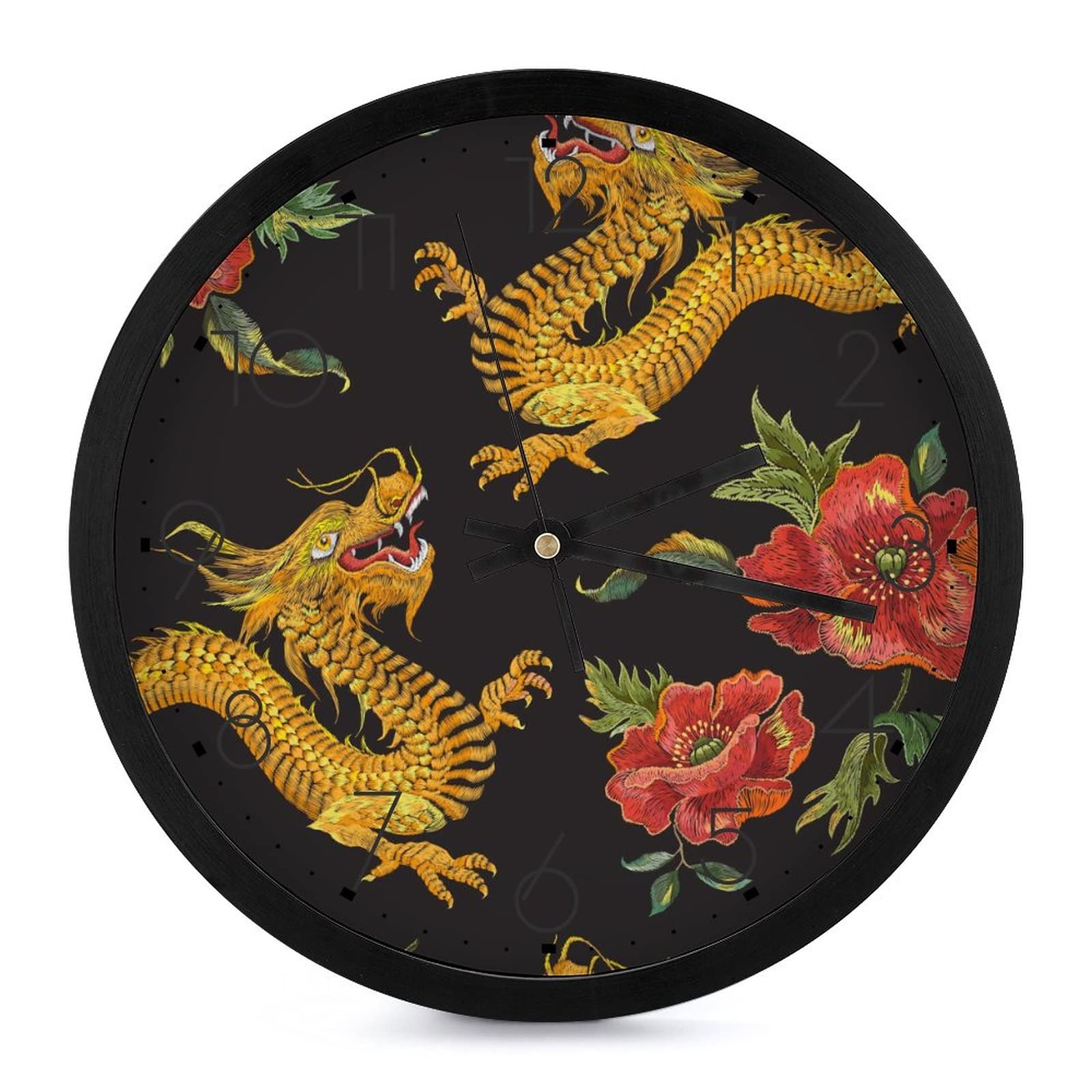 Pendule murale silencieuse moderne Fleurs de Dragons 25.4cm - Horloge decorative de salon bureau