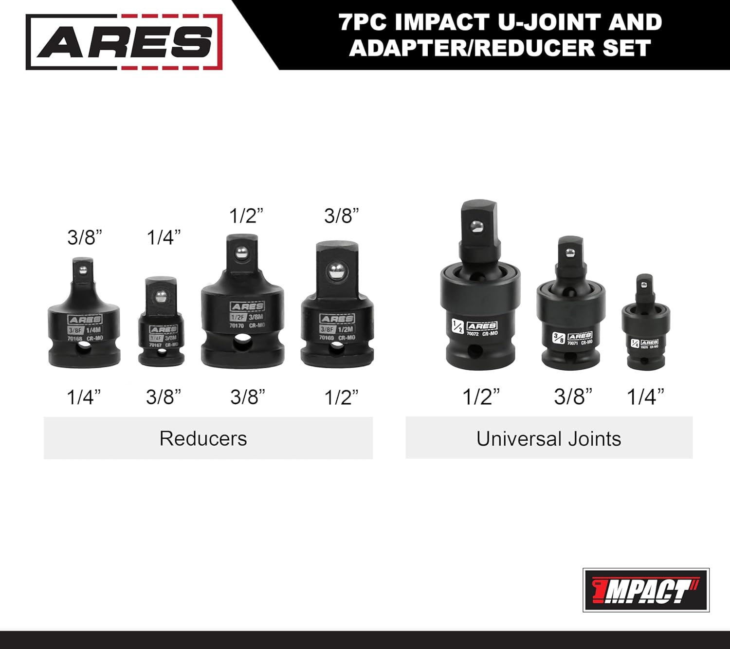 ARES 27067-7-Piece Impact U-Joint and Adapter/Reducer Set - Includes Universal Joints in 1/4-Inch Drive, 3/8-Inch Drive, and 1/2-Inch Drive, 2 Adapters, and 2 Reducers