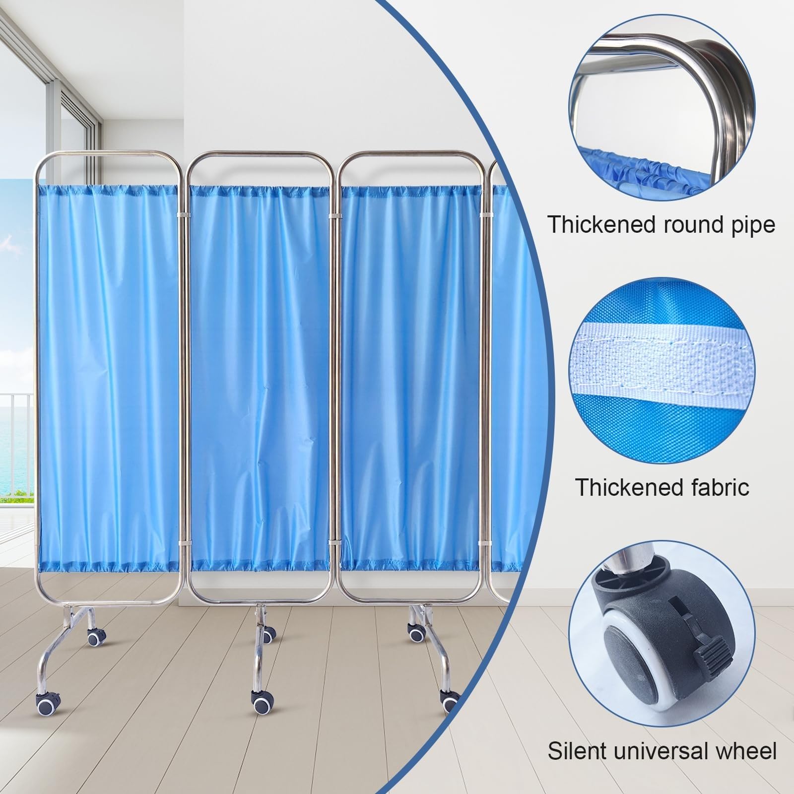 Raumteiler, 4 Paneele, 180 cm hoch, mobiler Faltschirm mit Rollen for Notaufnahme, Station, Krankenhaustrennwand, Sichtschutzwand