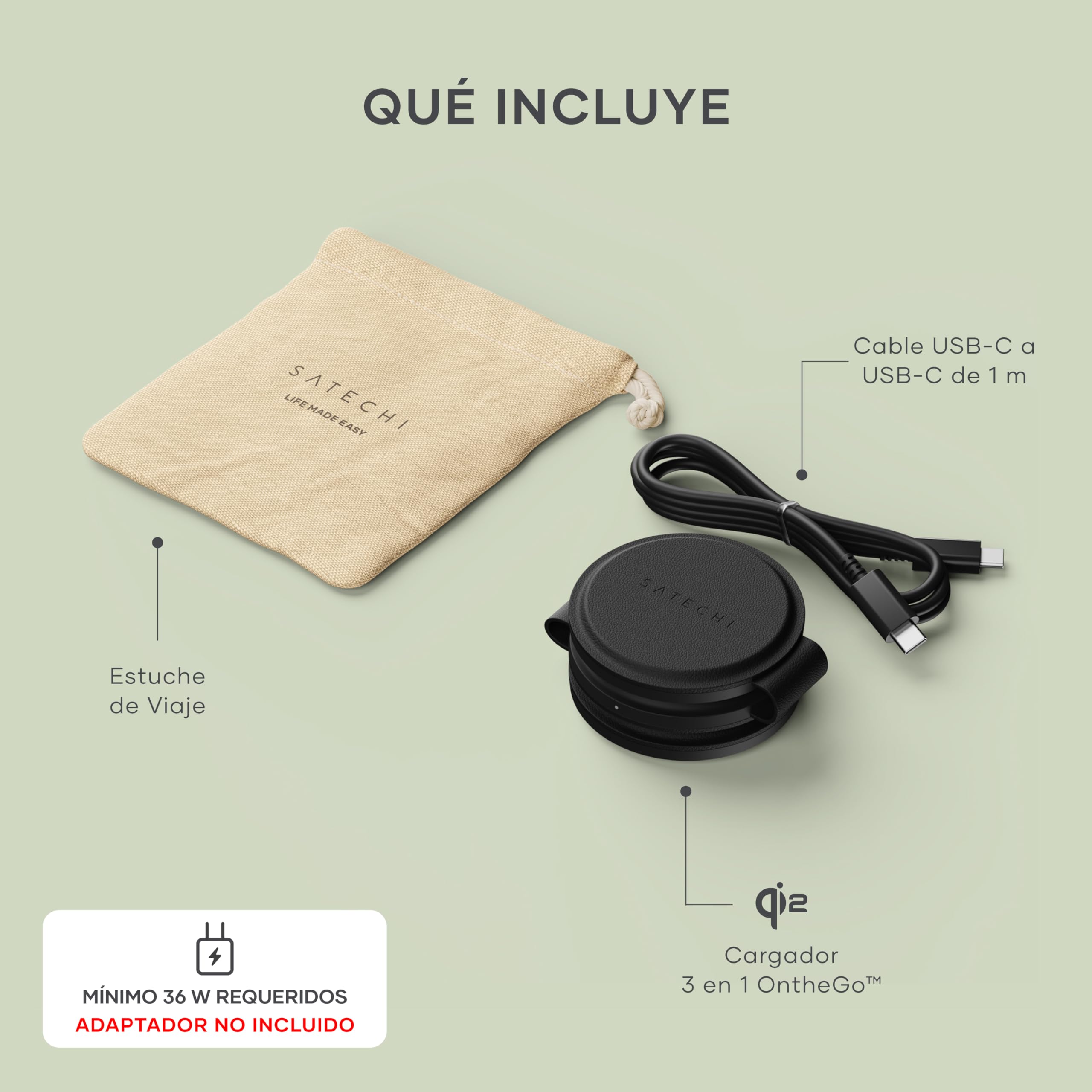SATECHI OntheGo 3 en 1 Cargador Inalámbrico Qi2 15W, Negro | 15W para iPhone, 5W para Apple Watch y AirPods, diseño compacto para viajes, compatible con iPhone 17 a 12 y más