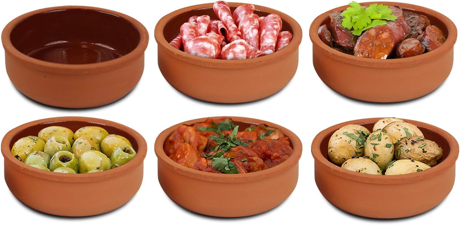 Set 3 Terracotta Tapas Dishes Glazed Spanish Serving Olive Starter 12cm Bowls (6)