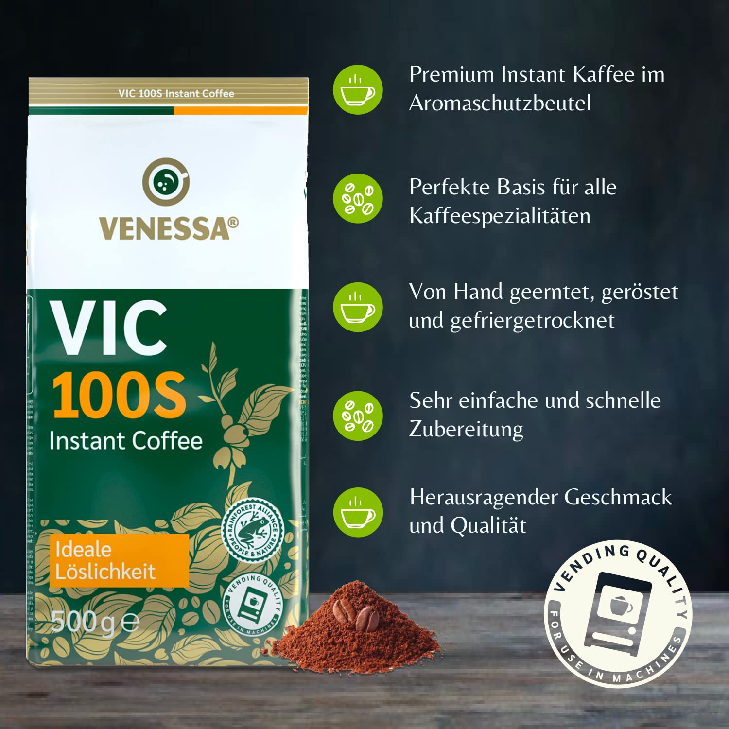 Venessa VIC 100S löslicher Instant Kaffee, 5 x 500g Premium Kaffee für Kaffeeautomaten, Kaffeespezialität, schonend geröstet, gefriergetrocknet, UTZ-zertifiziert