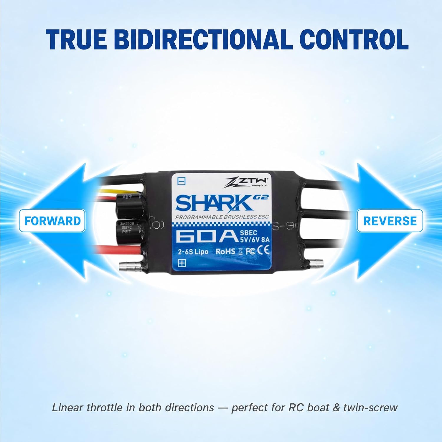 ZTW Shark G2 60A ESC 2-6S Built-in Swithcing BEC 5V/6V 8A Water-Cooling Bidirectional Waterproof Brushless Speed Controller for RC Boat Marine