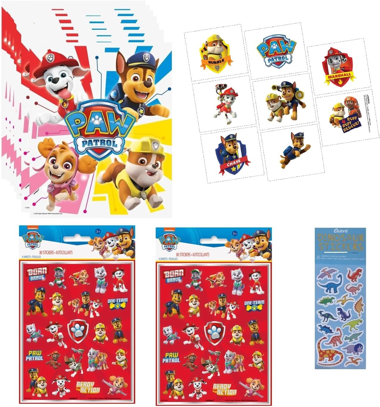 Unique Paw Patrol Birthday Party Supplies Favor Bundle Pack includes 8 Loot Bags, 8Tattoos, 8 Sticker Sheets with 160 Stickers, 1 Dinosaur Sticker Sheet