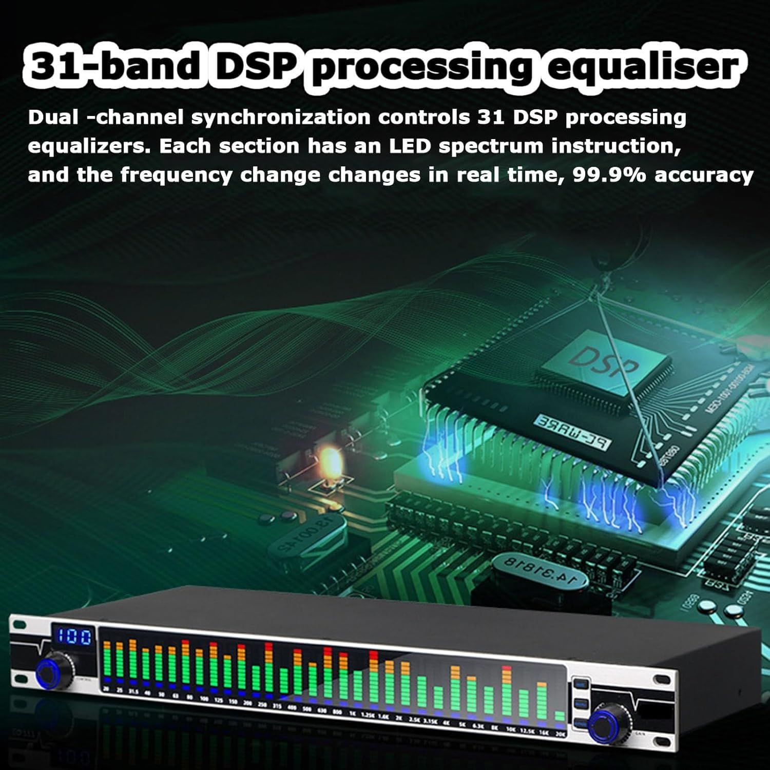 Ecualizador estéreo Ecualizador Digital de 31 Bandas, Ecualizador gráfico estéreo Profesional, Pantalla de Espectro LED, 10 Efectos preestablecidos, for Estudio de grabación