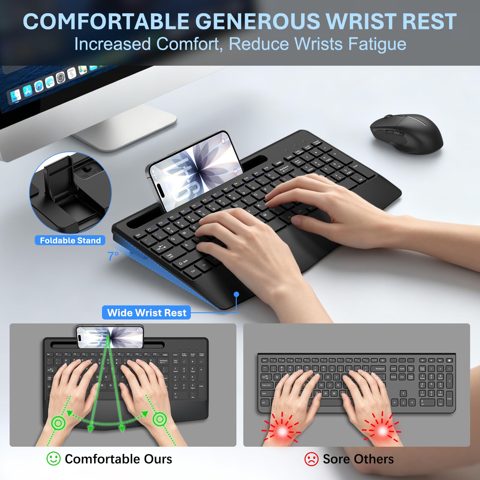 Cicha bezprzewodowa kombinacja klawiatury i myszy, ergonomiczna podpórka pod nadgarstek i uchwyt na tablet na telefon, adapter USB-C w zestawie, zestaw bezprzewodowy 2,4 G bez opóźnień do systemu