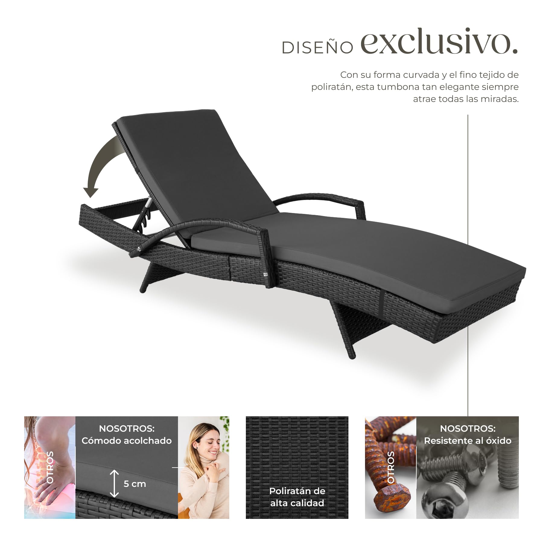 tectake® Tumbona Jardín Exterior de Ratán y Aluminio, Tumbona de Piscina con Respaldo Regulable en 5 Posiciones, Tumbona de Playa Impermeble y Resistente a Intemperie, Fácil Limpieza - Negro