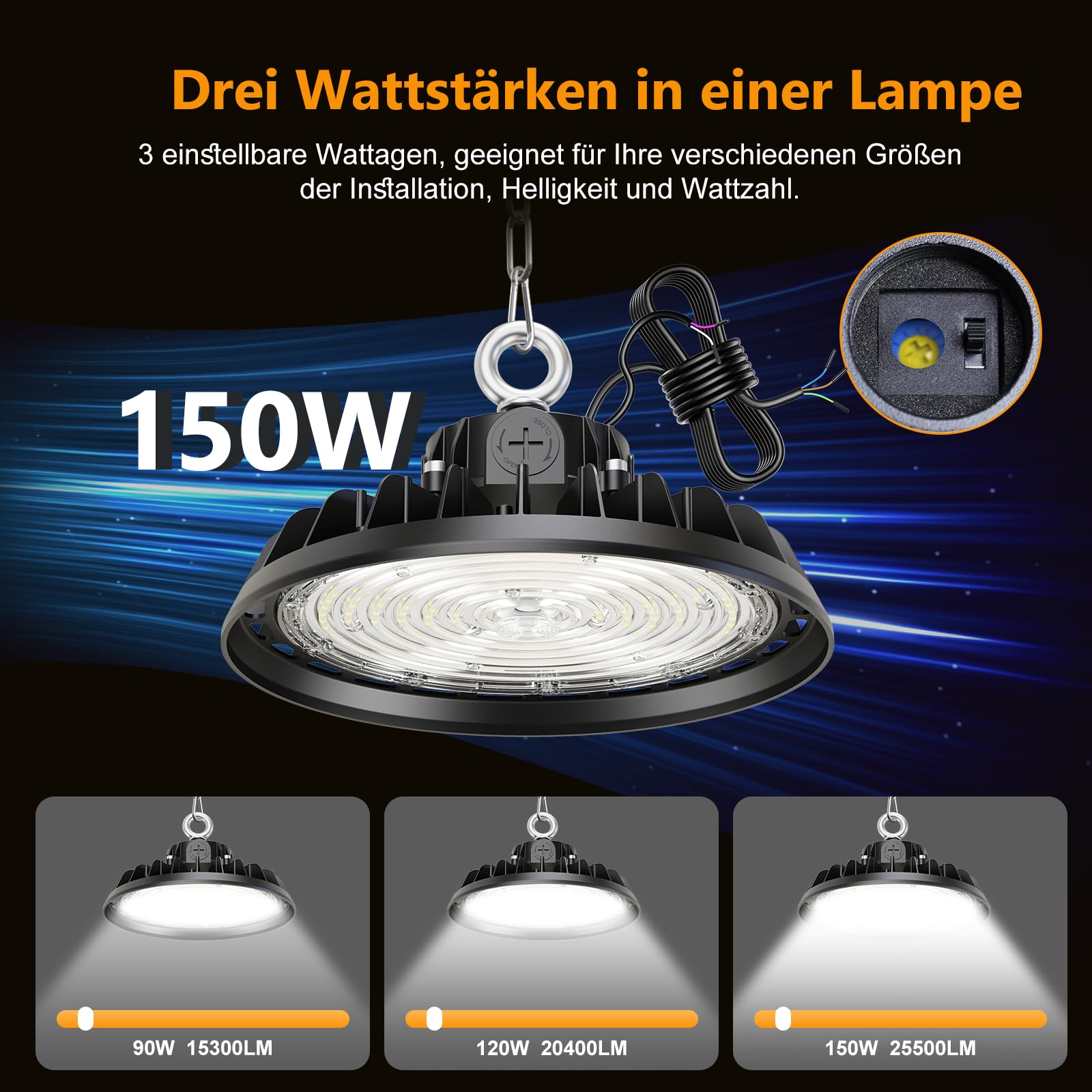 UFO 150W Werkstattlampe LED Hallenstrahler Dimmbare 90W/120W/150W High Bay Light 25500LM Treiber 6000K Superhelle Werkstatt Deckenleuchte IP65 Industriestrahler 120° für Fabriken, Lager