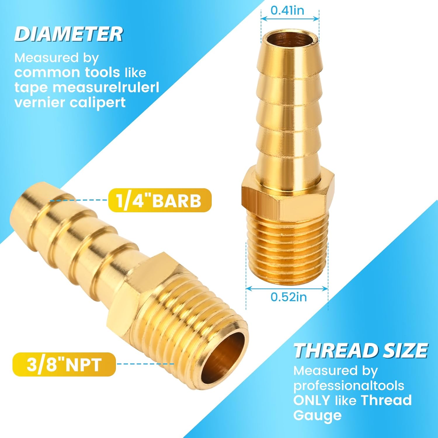 2 Pcs Air Hose Barb Fittings, 1/4 NPT to 3/8 Barb, Barbed Hose Fittings, Male Thread Hose Barb Adapter Connector