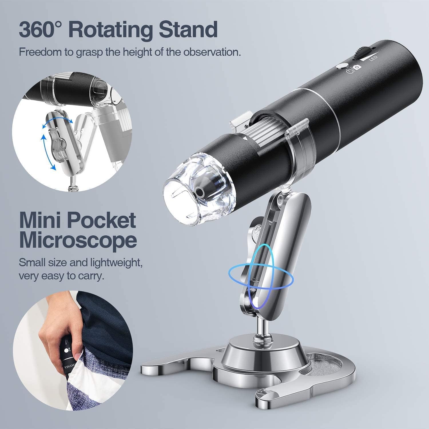 USB Microscope, Splaks 1000x High Power USB Digital Microscope 3 in 1 PCB Microscope Camera with 8 Led Lights and Microscope Stand for Kids Compatible with Windows, Android and Mac (Not for iPhone)
