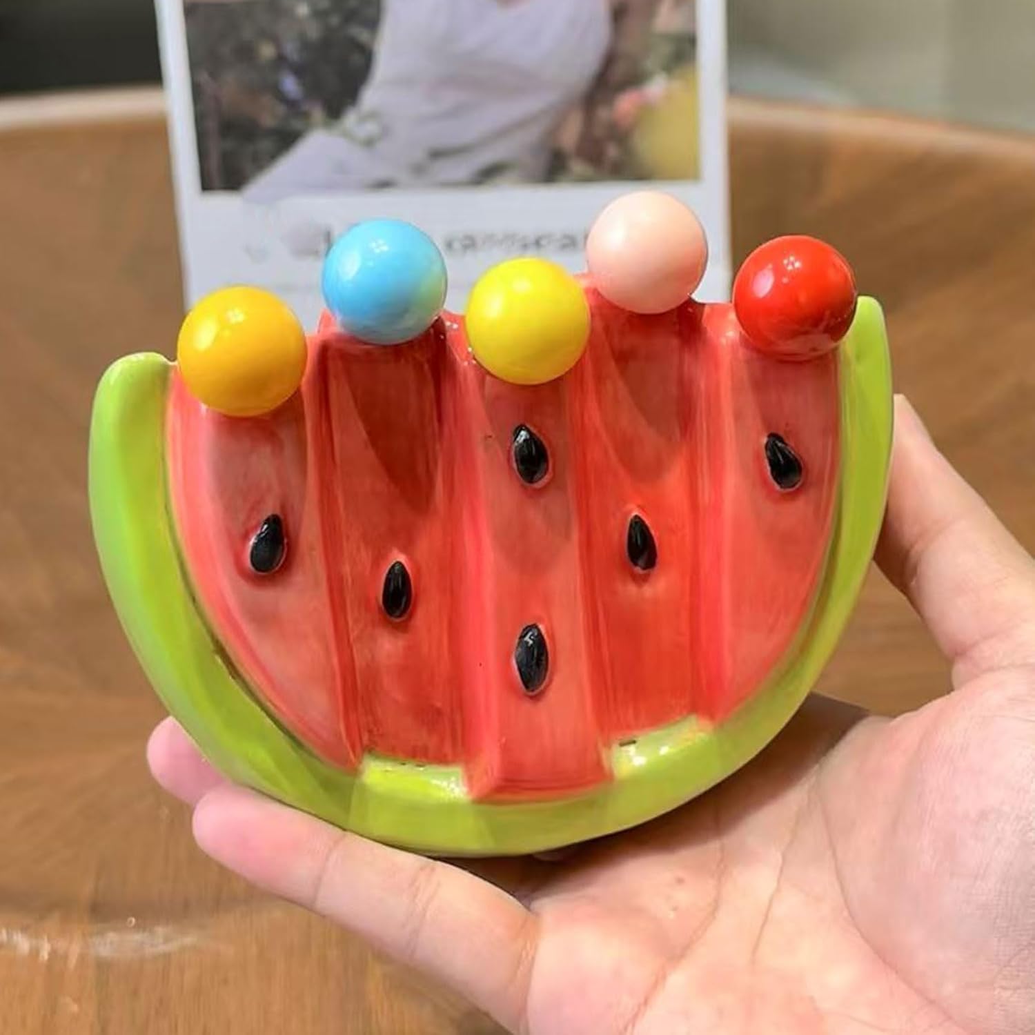 Fruit Forks Salad Forks with Watermelon Shaped Ceramic Storage Box & 5 Stainless Cocktail Forks Appetizer Forks, for Kitchen Party Picnic