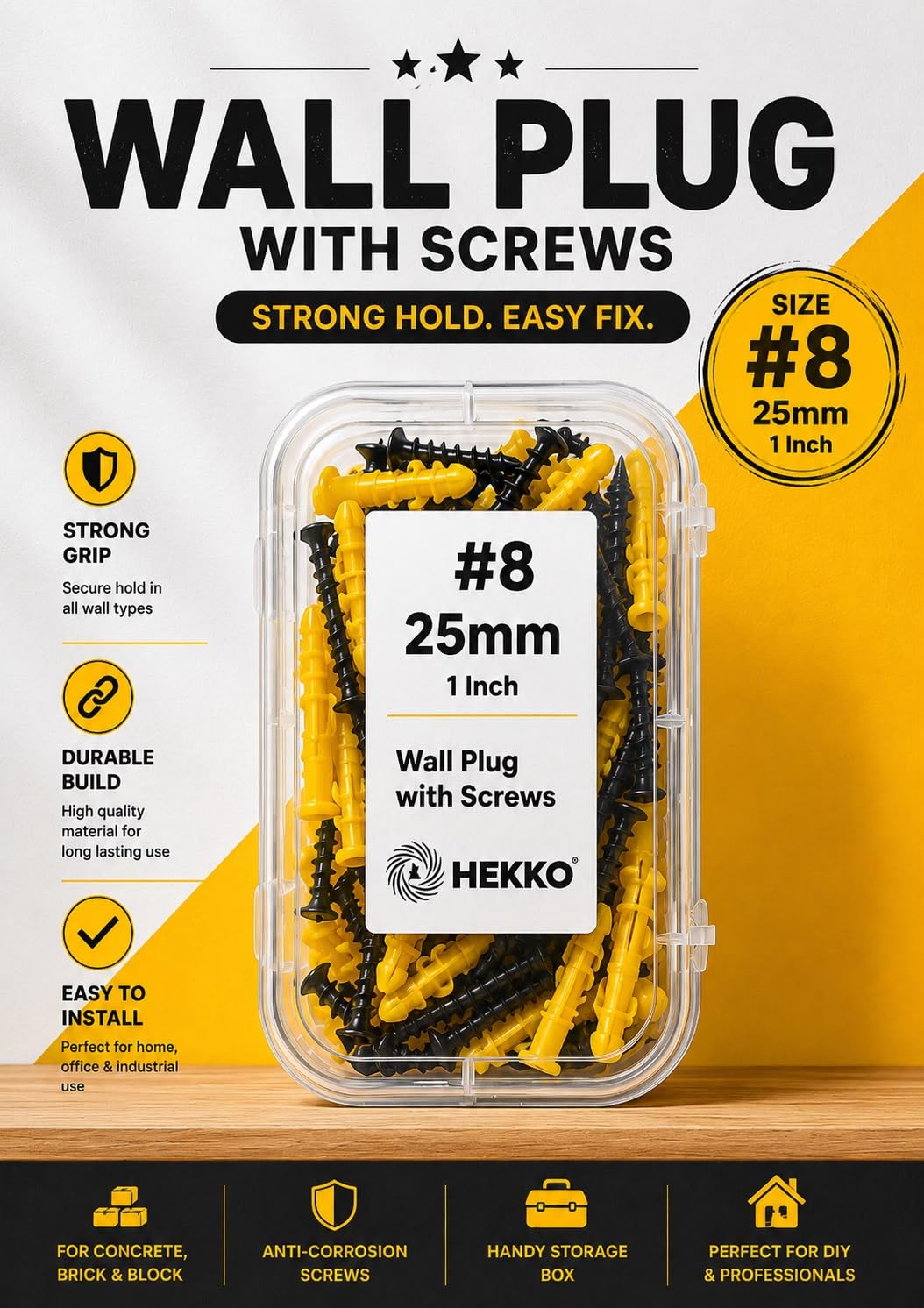 HEKKO Nylon Wall Plug & Screw Set, 25mm (1inch), 50+50 Pcs | Plastic Anchors with Screws, For Wood, Brick, Concrete & Drywall, Heavy Duty, DIY Fixing Kit, Home & Office-image-44