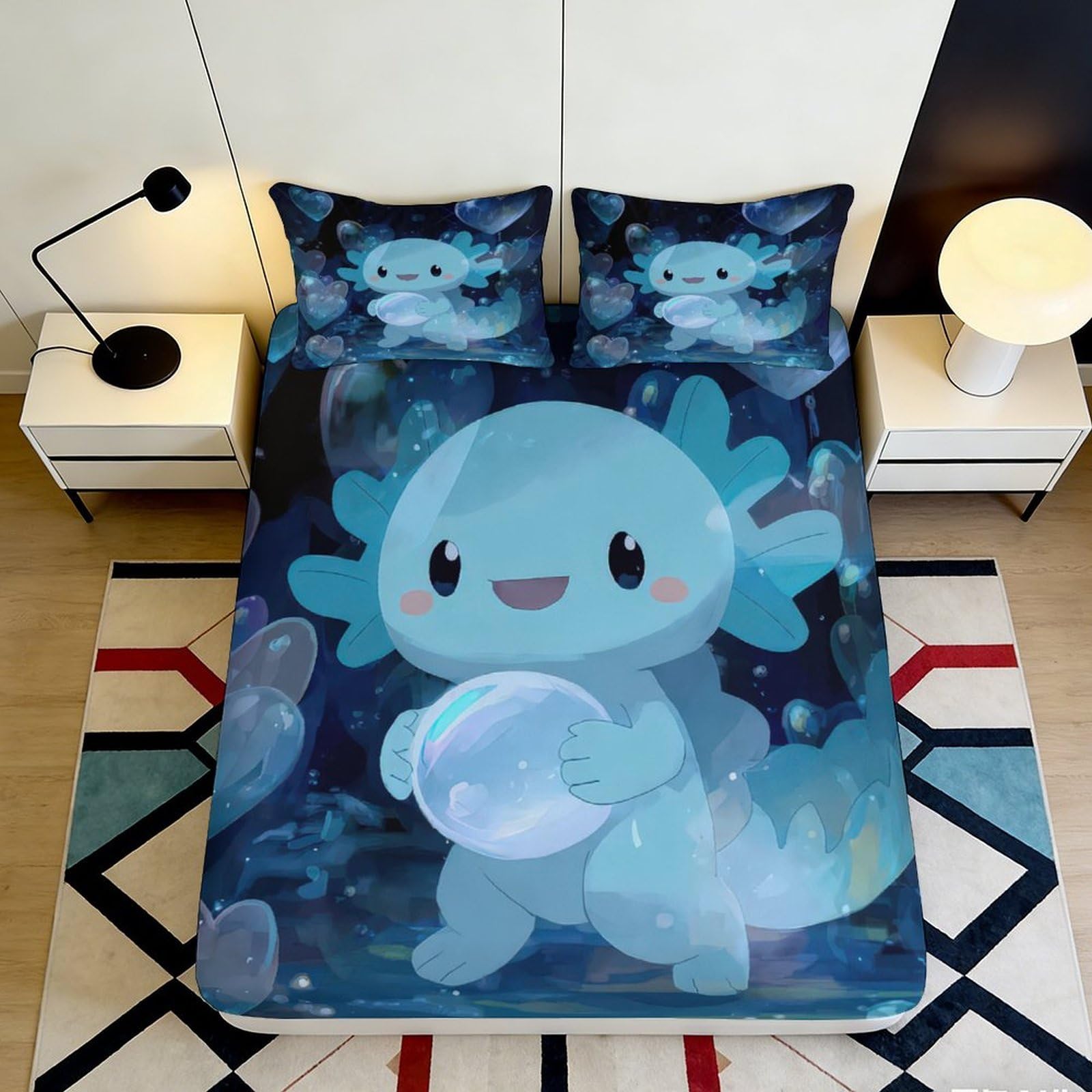 Jqzkxnhpbr Style-10 3D Printed Cute Blue Axolotl Fitted Sheet Microfiber Soft Non-Slip Cartoon Water Bubble Mattress Cover For Bedroom Guestroom Decor 90X200x25cm
