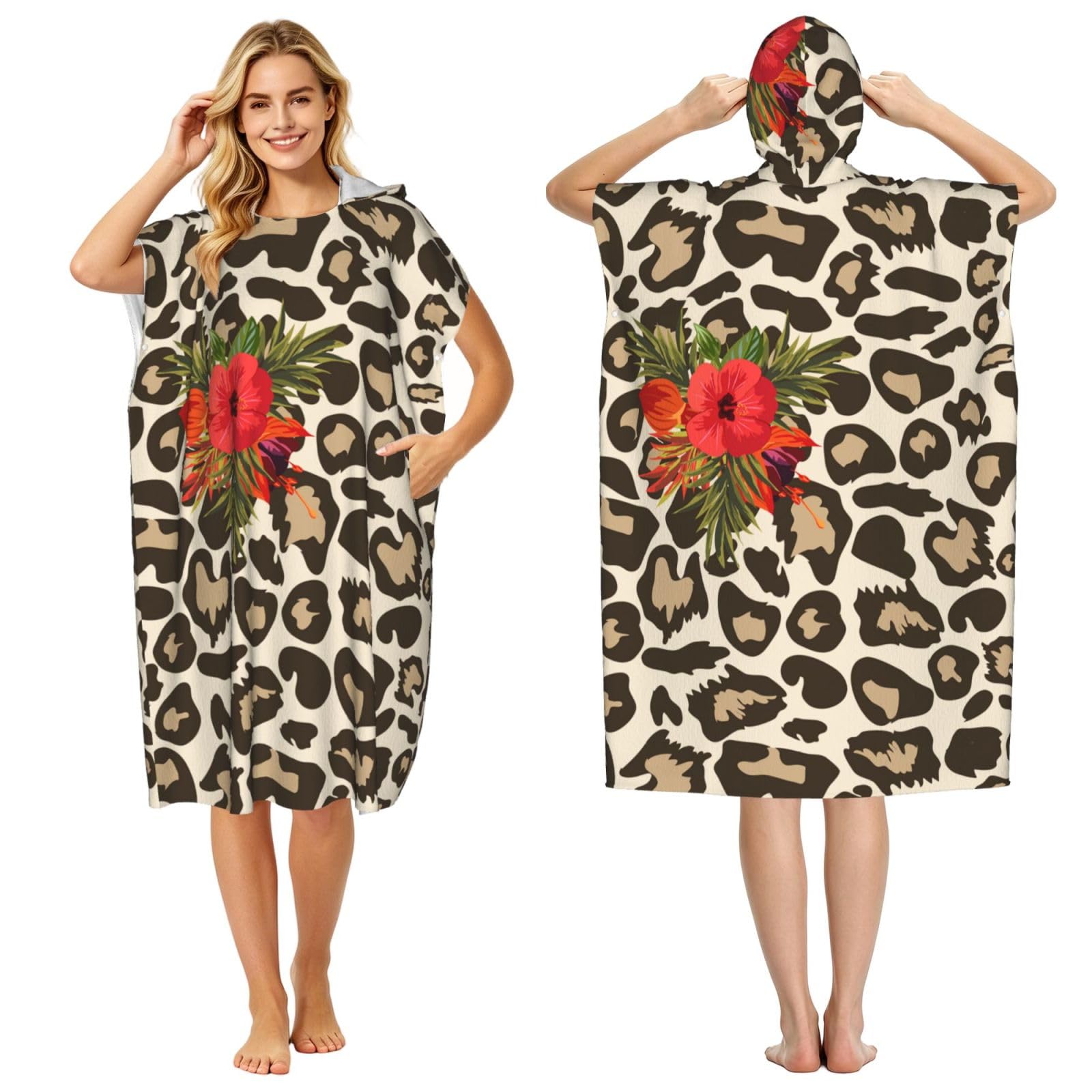 Poadnly Leopard Hibiscus Flower, Adult Hooded Beach Towel 90 x 110 cm,Changing Bath Robe, Surf Poncho Towel For Women Men